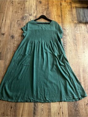 Relaxed Midi Linen Dress in Deep Green with Pockets Loose Fitting